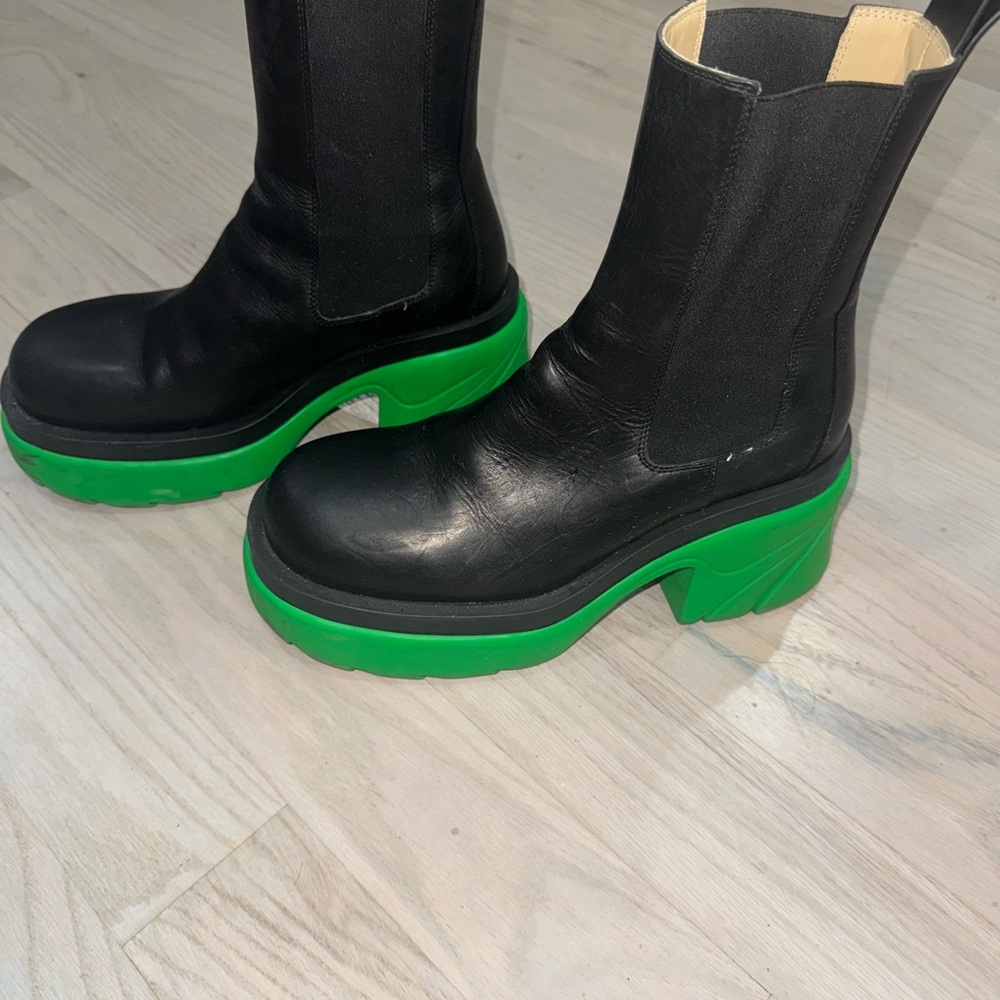 Black Chelsea Platform Boots with Green Soles